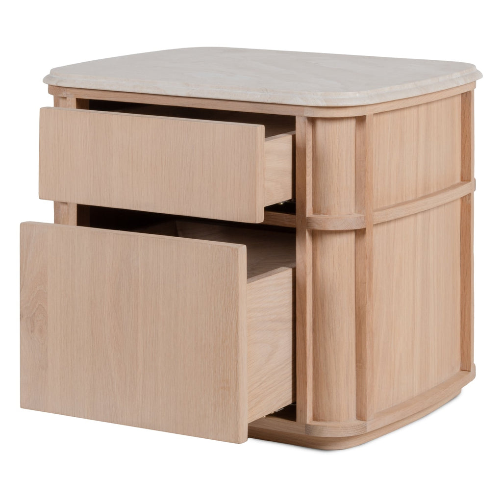 Table de chevet contemporaine en bois et marbre avec deux tiroirs et profil arrondi pour chambre à coucher