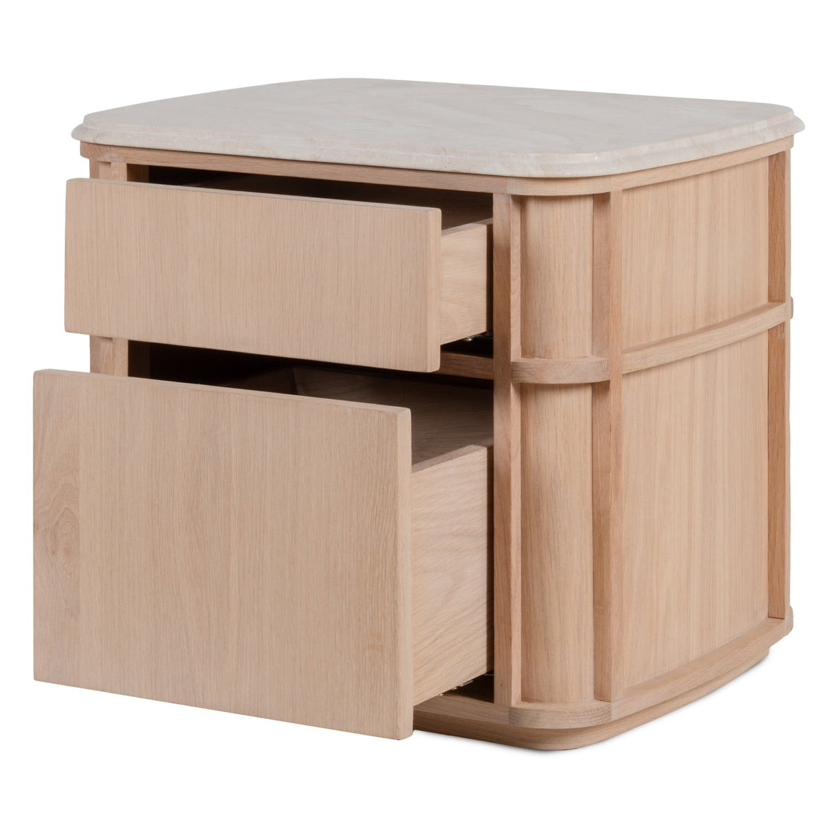 Table de chevet contemporaine en bois et marbre avec deux tiroirs et profil arrondi pour chambre à coucher