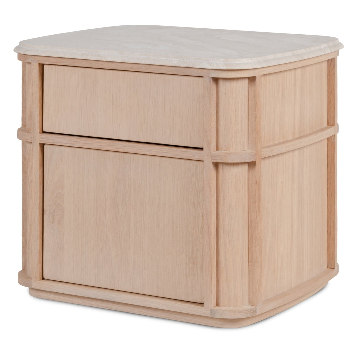 Table de chevet contemporaine en bois et marbre avec deux tiroirs et profil arrondi pour chambre à coucher