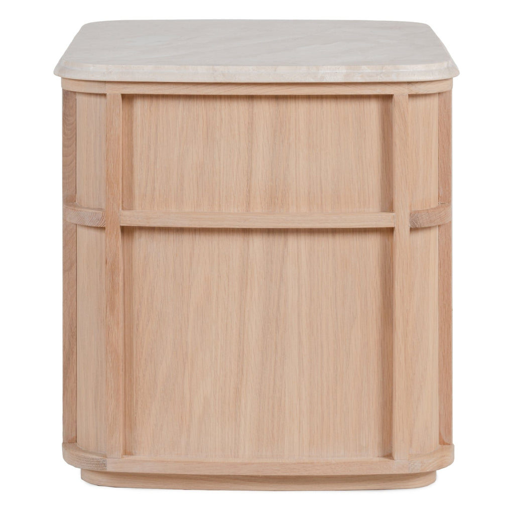 Table de chevet contemporaine en bois et marbre avec deux tiroirs et profil arrondi pour chambre à coucher