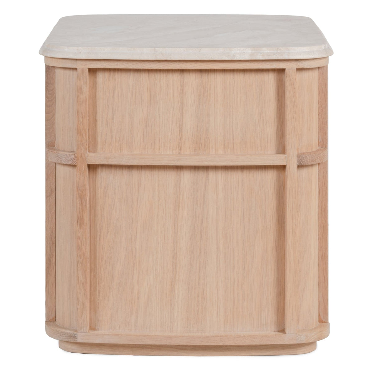 Table de chevet contemporaine en bois et marbre avec deux tiroirs et profil arrondi pour chambre à coucher