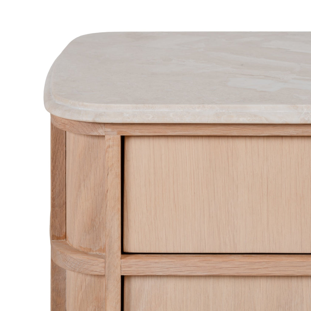 Table de chevet contemporaine en bois et marbre avec deux tiroirs et profil arrondi pour chambre à coucher