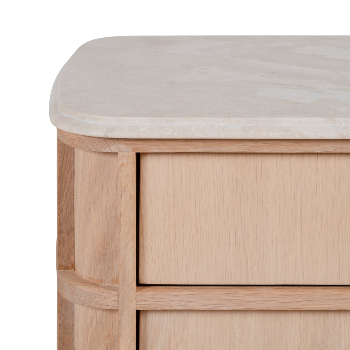 Table de chevet contemporaine en bois et marbre avec deux tiroirs et profil arrondi pour chambre à coucher