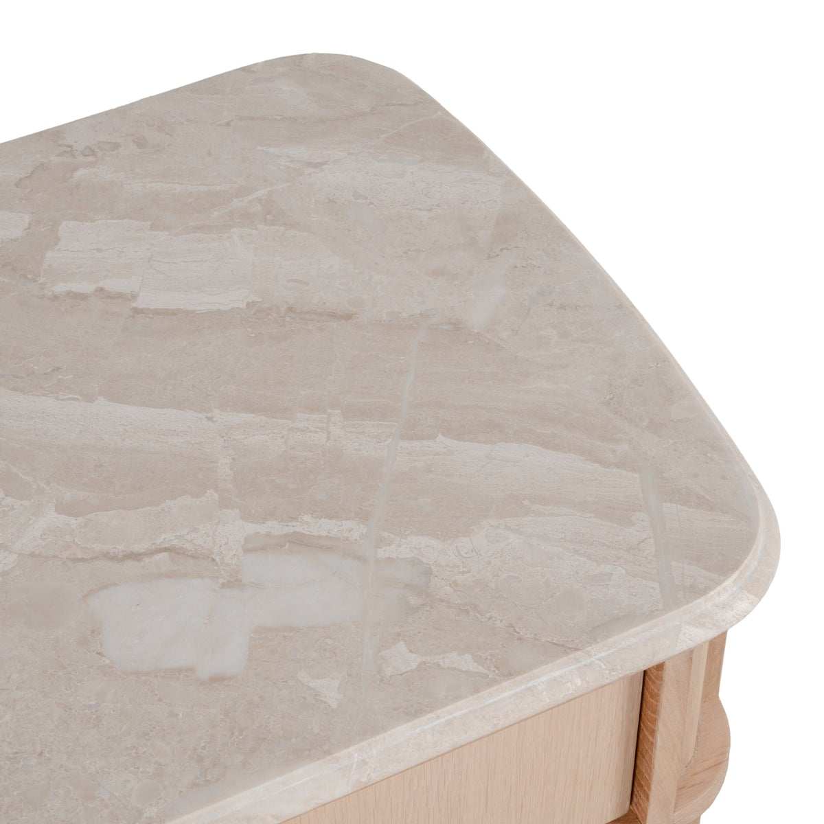 Table de chevet contemporaine en bois et marbre avec deux tiroirs et profil arrondi pour chambre à coucher