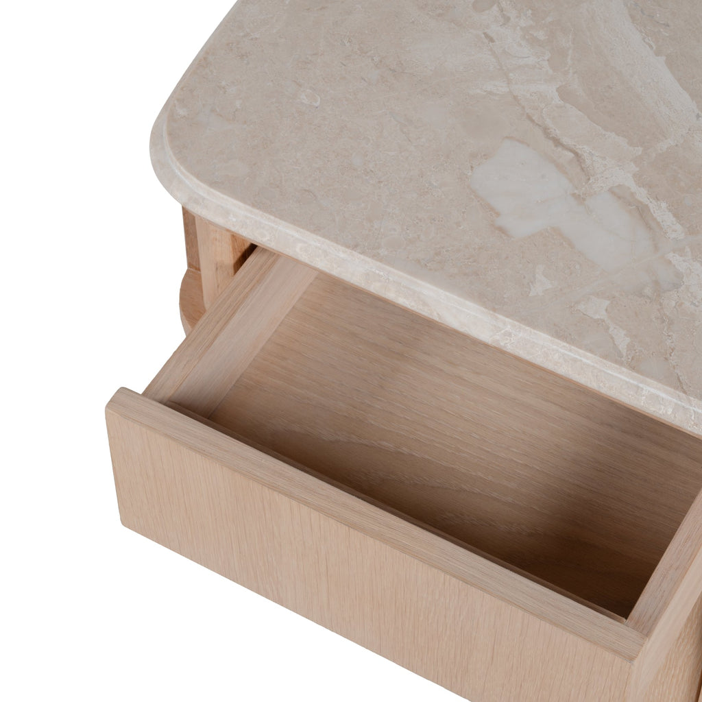 Table de chevet contemporaine en bois et marbre avec deux tiroirs et profil arrondi pour chambre à coucher