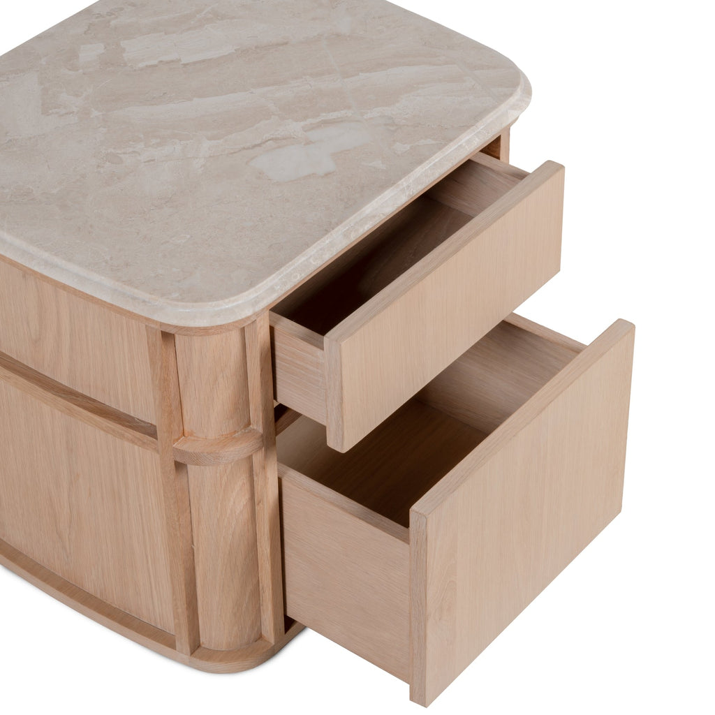 Table de chevet contemporaine en bois et marbre avec deux tiroirs et profil arrondi pour chambre à coucher