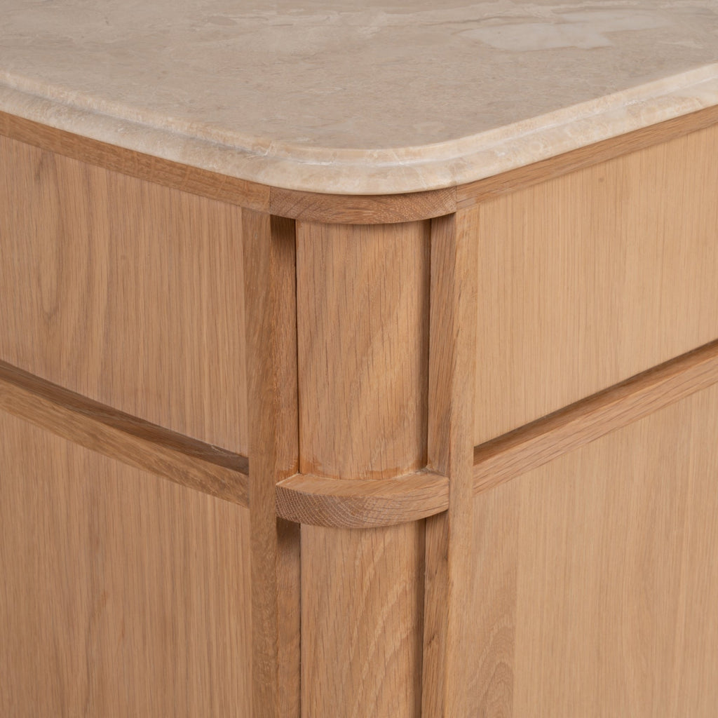 Table de chevet contemporaine en bois et marbre avec deux tiroirs et profil arrondi pour chambre à coucher