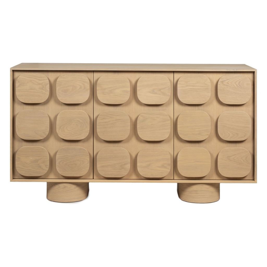 Bahut 3 portes minimaliste en chêne avec façade géométrique sculptée pour salon ou salle à manger