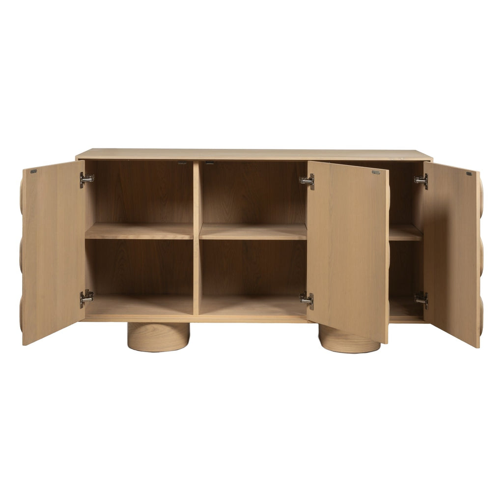 Bahut 3 portes minimaliste en chêne avec façade géométrique sculptée pour salon ou salle à manger