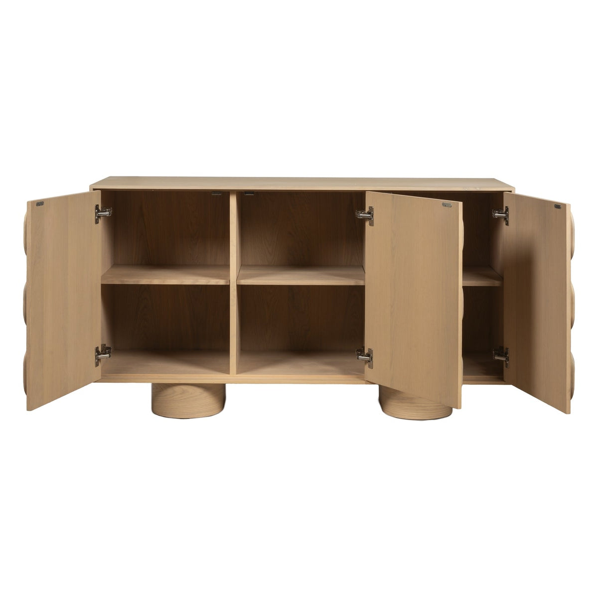 Bahut 3 portes minimaliste en chêne avec façade géométrique sculptée pour salon ou salle à manger