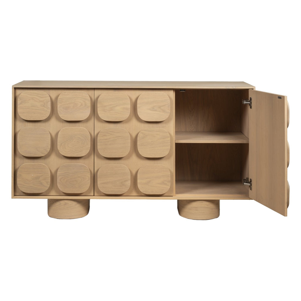 Bahut 3 portes minimaliste en chêne avec façade géométrique sculptée pour salon ou salle à manger