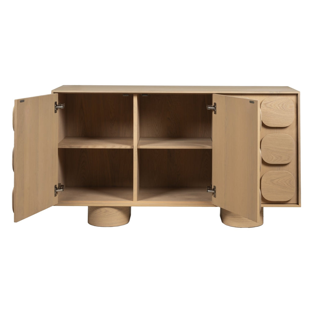Bahut 3 portes minimaliste en chêne avec façade géométrique sculptée pour salon ou salle à manger