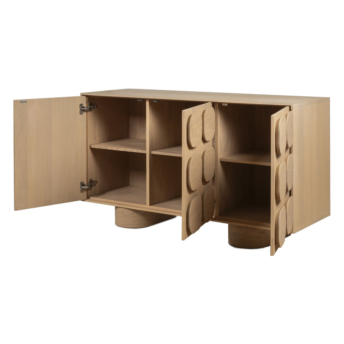 Bahut 3 portes minimaliste en chêne avec façade géométrique sculptée pour salon ou salle à manger
