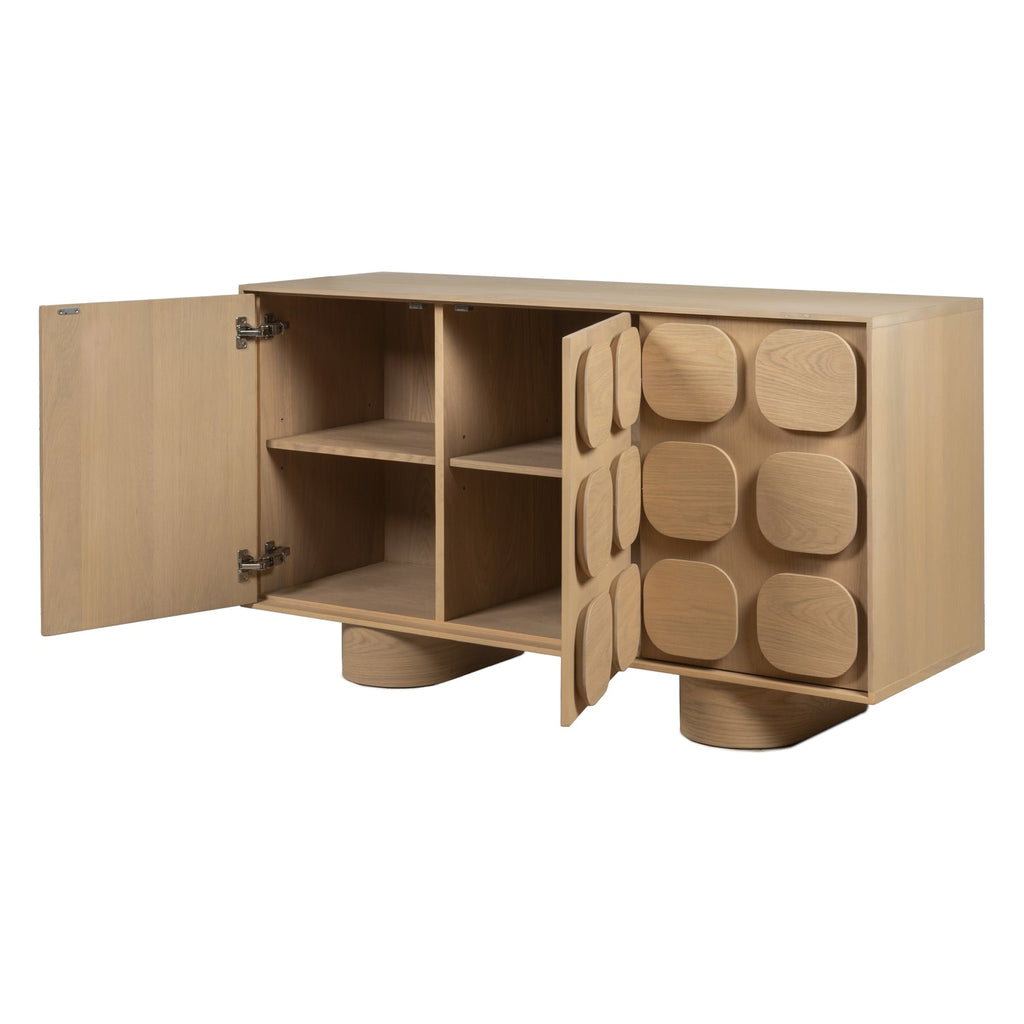 Bahut 3 portes minimaliste en chêne avec façade géométrique sculptée pour salon ou salle à manger