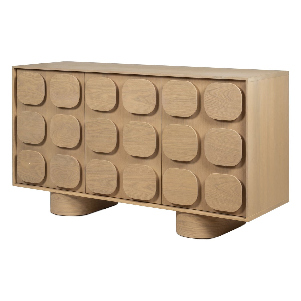 Bahut 3 portes minimaliste en chêne avec façade géométrique sculptée pour salon ou salle à manger