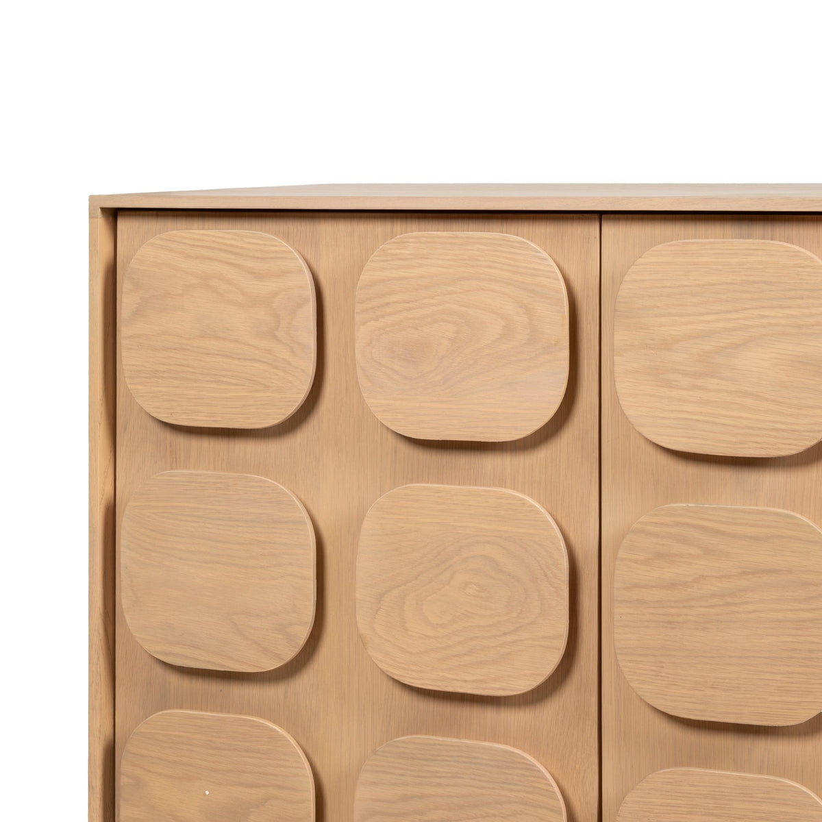 Bahut 3 portes minimaliste en chêne avec façade géométrique sculptée pour salon ou salle à manger
