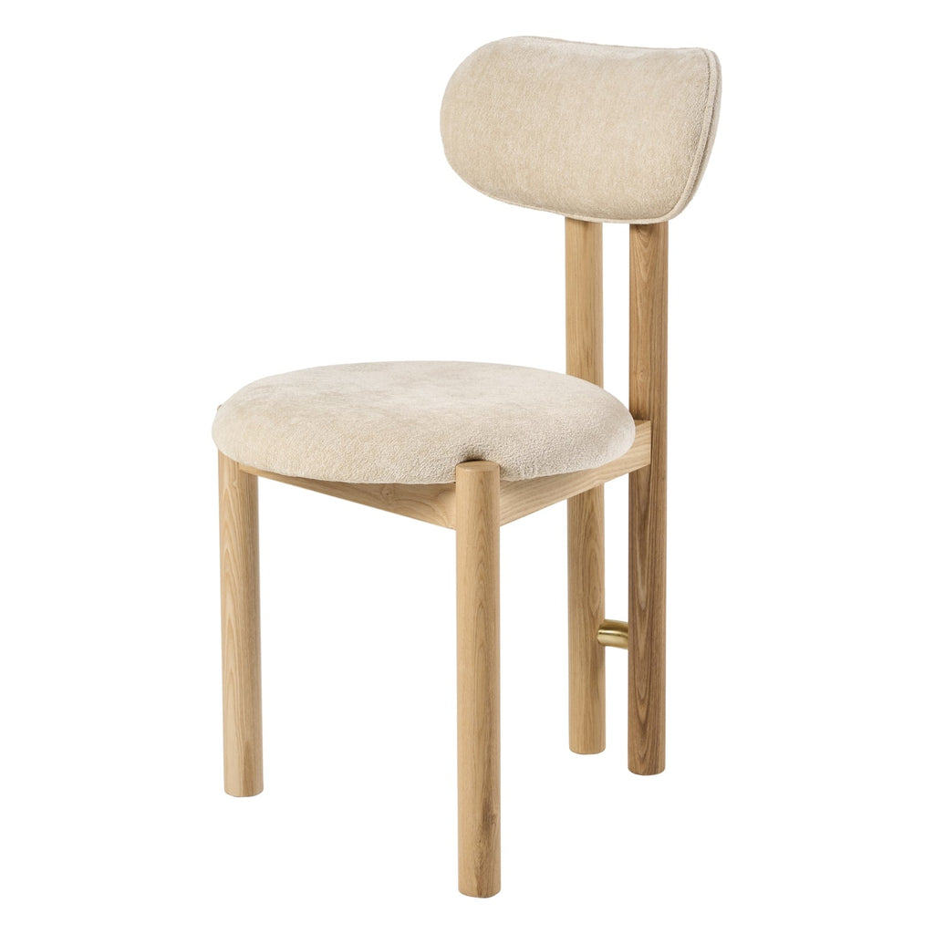 Chaise de salle à manger sculpturale en velours avec détails en acier plaqué or et pieds en chêne pour la salle à manger