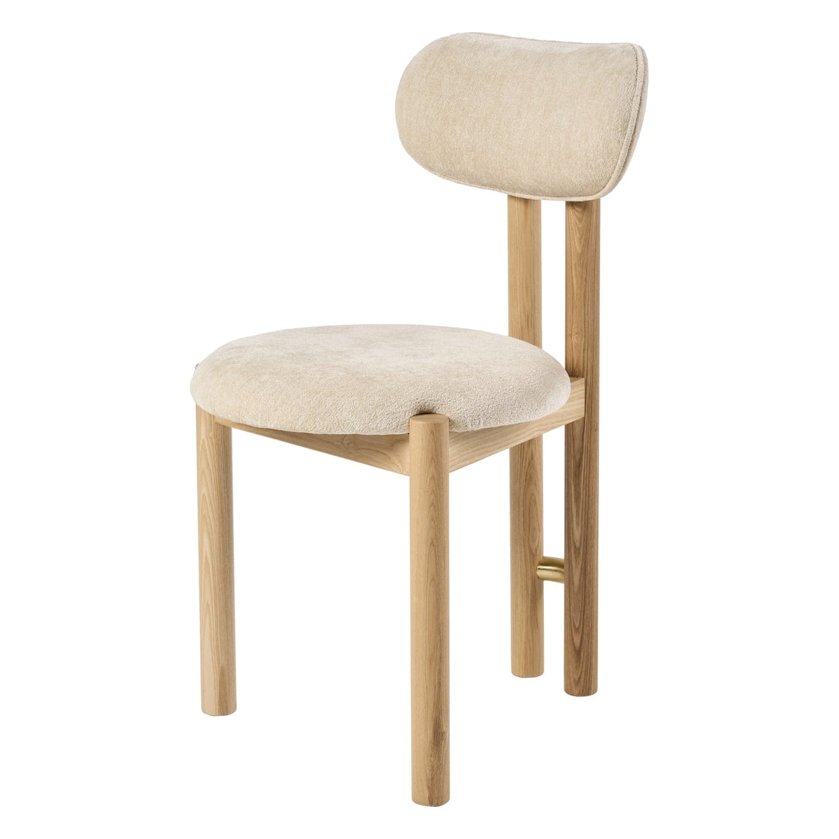 Chaise de salle à manger sculpturale en velours avec détails en acier plaqué or et pieds en chêne pour la salle à manger