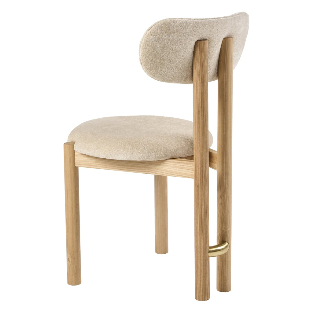 Chaise de salle à manger sculpturale en velours avec détails en acier plaqué or et pieds en chêne pour la salle à manger