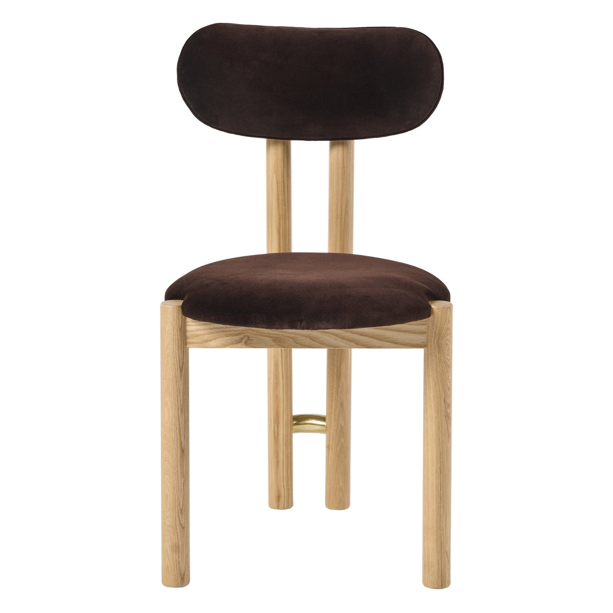 Chaise de salle à manger sculpturale en velours avec détails en acier plaqué or et pieds en chêne pour la salle à manger