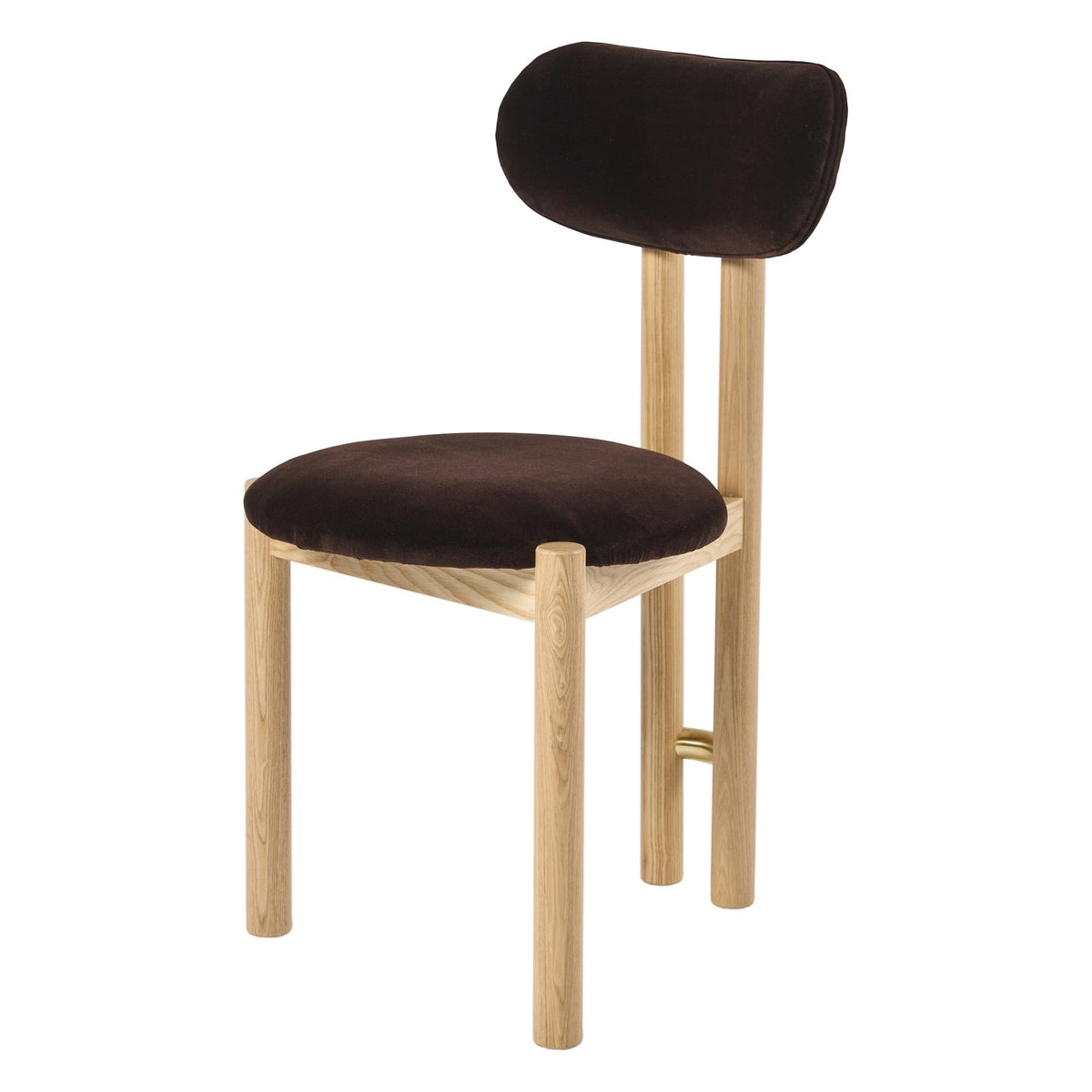 Chaise de salle à manger sculpturale en velours avec détails en acier plaqué or et pieds en chêne pour la salle à manger