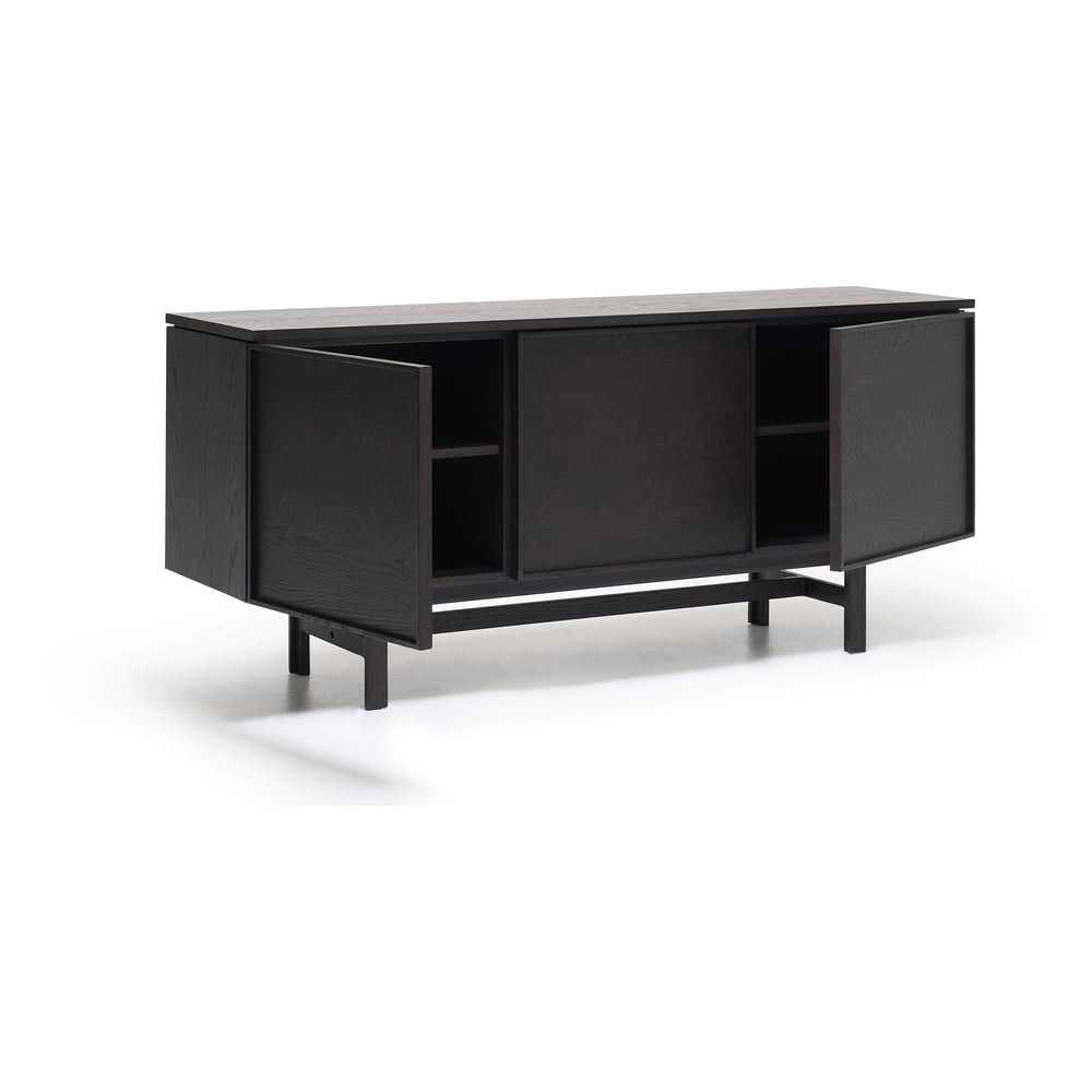 Buffet en bois minimaliste à 3 portes avec façades à panneaux et pieds en bois en forme de H pour salon ou salle à manger