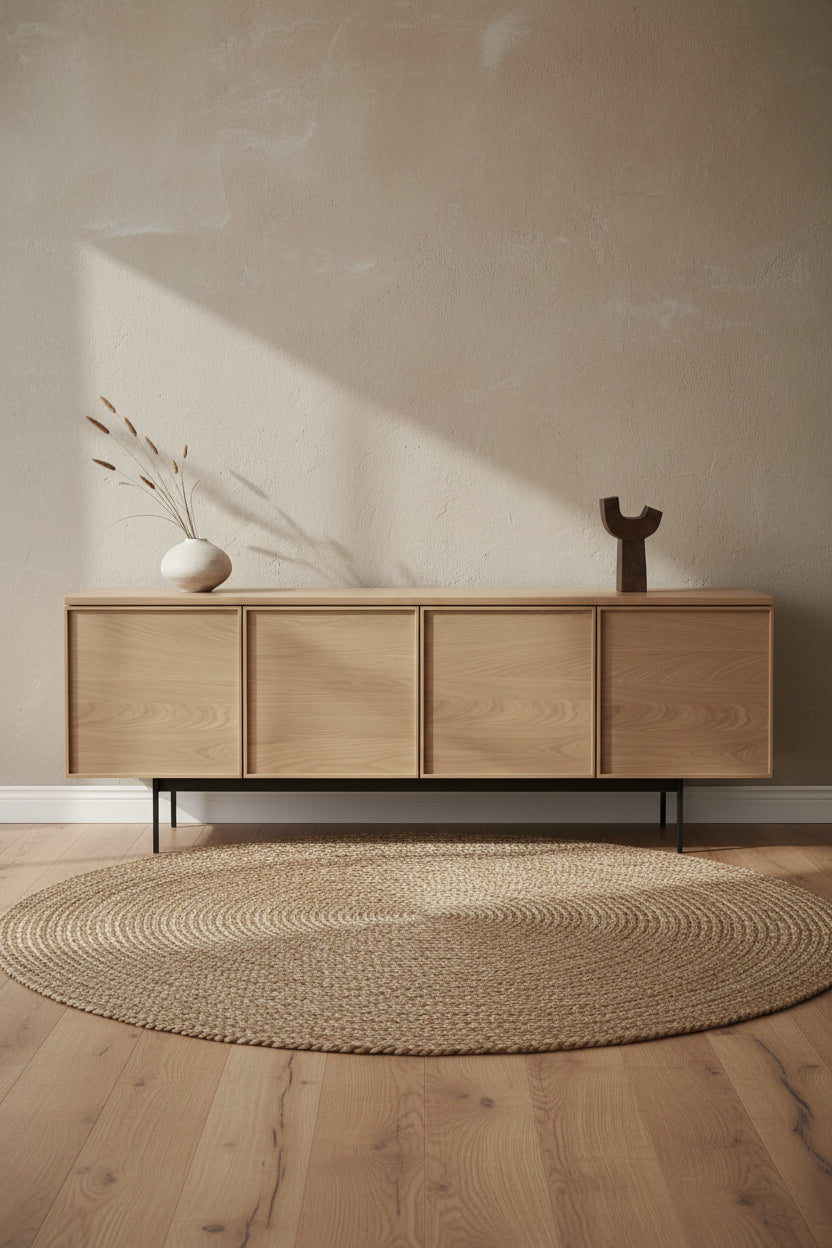 Buffet minimaliste en bois 4 portes avec façades à panneaux et pieds en métal élancés pour salon ou salle à manger