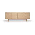 Buffet minimaliste en bois à 4 portes avec façades à panneaux et pieds en bois en forme de H pour salon ou salle à manger